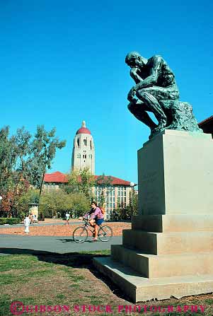 Stock Photo #17890: keywords -  building buildings california campus campuses college colleges education higher learning metal near pedestal pedestals people person rodin sculpture sculptures stanford statue statues student students thinker universities university vert