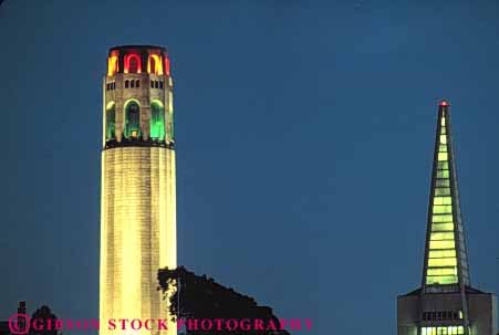 Stock Photo #10587: keywords -  and architecture attraction building california coit commemorate commemorates contrast contrasting contrasts cylinder cylindrical dark design different dusk evening francisco horz illuminate illuminated landmark landmarks lighting monument monuments new night old round san style tall tourist tower towers tradition traditional transamerica