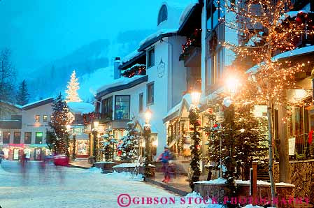 Stock Photo #11910: keywords -  buildings chill chilly cold colorado dark destination downtown dusk evening horz lighting lights mountains night outdoor outside recreation resort resorts rocky ski skiing snow sport sports street streets travel vail winter