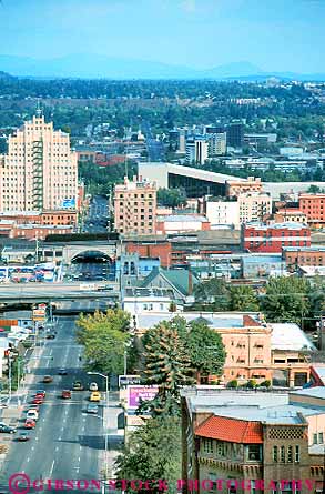 Stock Photo #18468: keywords -  building buildings business center centers cities city commercial district districts downtown elevate elevated northwest overhead overview region small spokane state street towns urban vert washington