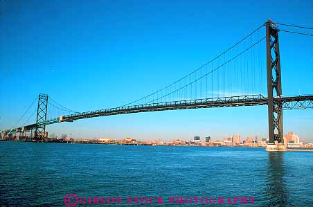 Stock Photo #19149: keywords -  across ambassador and between black bridge bridges canada detroit engineered engineering great horz international lakes long metal michigan over river rivers span spanning spans suspension tall water