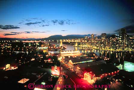 Stock Photo #12401: keywords -  bright british columbia dark dusk elevate elevated evening granville horz island lighting lights marina night overhead sunset vancouver view