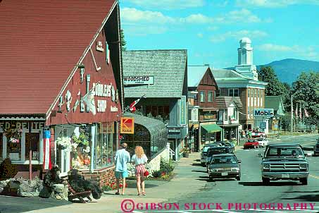 Stock Photo #19234: keywords -  building buildings business car cars center district downtown horz lake main new people person placid shopper shoppers small state store stores street streets summer town towns york