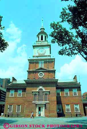 Stock Photo #11199: keywords -  american architecture brick buildings colonial design freedom hall heritage historic history independence landmark national old park parks pennsylvania philadelphia revolutionary site steeple style tall tower vert vintage war