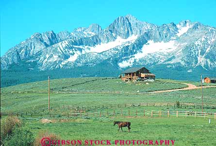 Stock Photo #14916: keywords -  corral horse horses horz house idaho landscape mountain mountains pasture pastures peak peaks ranch ranches region rocky scenery scenic stanley