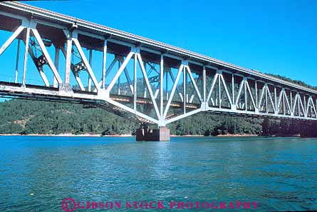 Stock Photo #18288: keywords -  angle angles angular brace braced bracing bridge bridges california criss cross crossed crosses diagonal diagonally diagonals engineered engineering for geometric geometrical geometry horz i lake over shape shaped shapes shasta steel structually structural structure support supports traffic triangle triangles triangular water